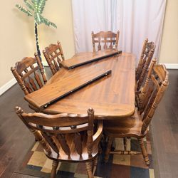 Dining Room Table  Set With 6 Chairs And 2 Leafs Solid Wood