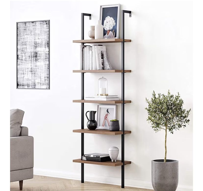 Nathan James Theo 5-Shelf Walnut Modern Bookcase, Open Wall Mount Ladder Bookshelf with Industrial Metal Frame