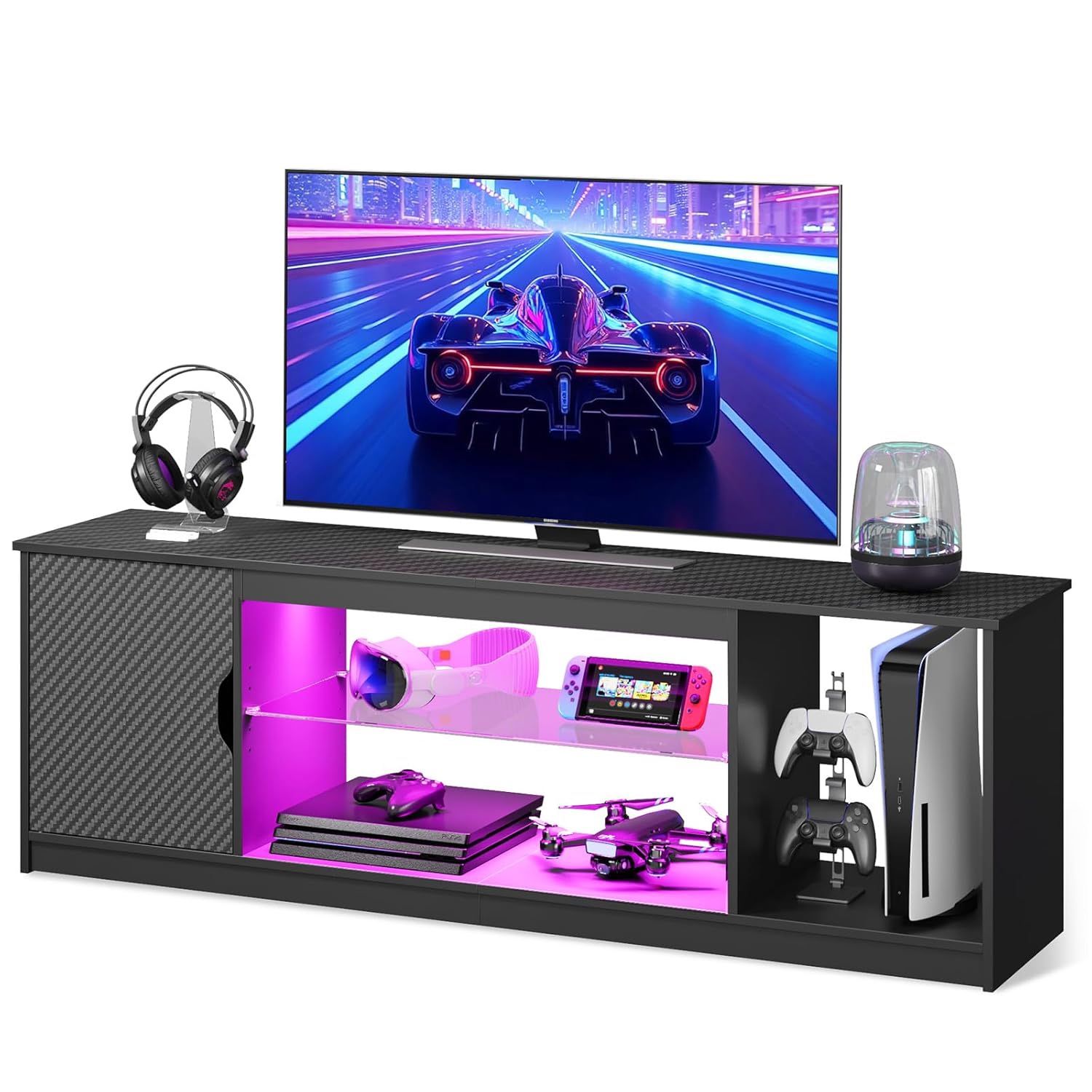 Bestier LED TV Stand for 55/60/65 Inch TV, Gaming Entertainment Center with Cabinet for PS5, Xbox,Modern TV Cabinet with Adjustable Glass Shelves for