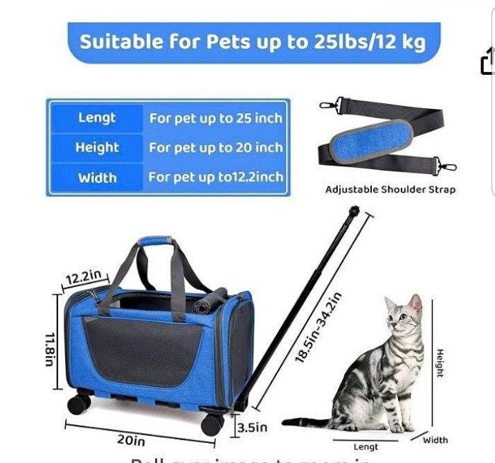 Prokei Cat Carrier with Wheels for Dogs, Telescopic Handle Pet Travel Bag