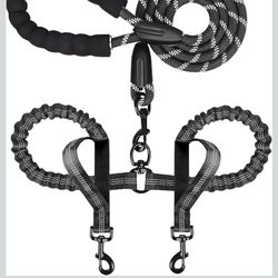 Double Dog Leash for Two Dogs, Heavy Duty Adjustable No Tangle, Bungee Retractable Split Multiple Leash for Walking 2 Dogs, 5.5FT-1/2”, Black