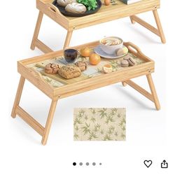 2 Pack Bamboo Bed Tray Table, Breakfast Tray w/Removable Bamboo Curtain & Folding Legs