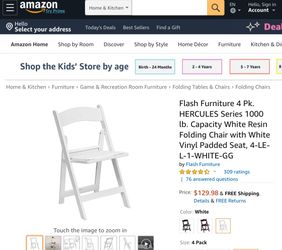 Flash Furniture 4 Pk. HERCULES Series 1000 lb. Capacity White Resin Folding Chair with White Vinyl Padded Seat, 4-LE-L-1-WHITE-GG