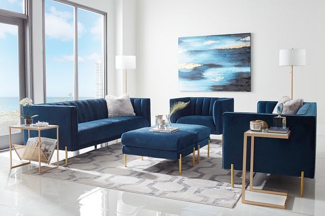 ✨ Bella Dark Blue Velvet Living Elegant, Like New ✨ Room set—featuring the sofa, loveseat, and chair
