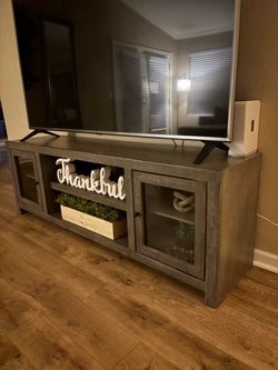 Gray Wood TV Stand with Glass Doors