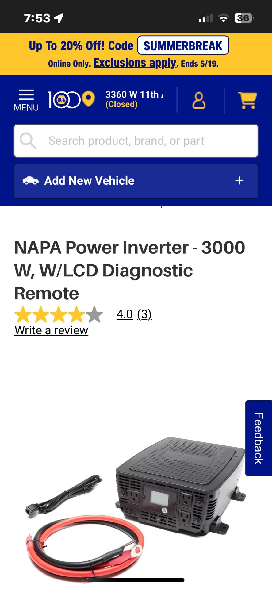 NAPA POWER INVERTER 3000 With Detachable Diagnostic Screen