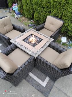 Costco outdoor furniture with fire pit and swivel chairs Sunbrella cushions