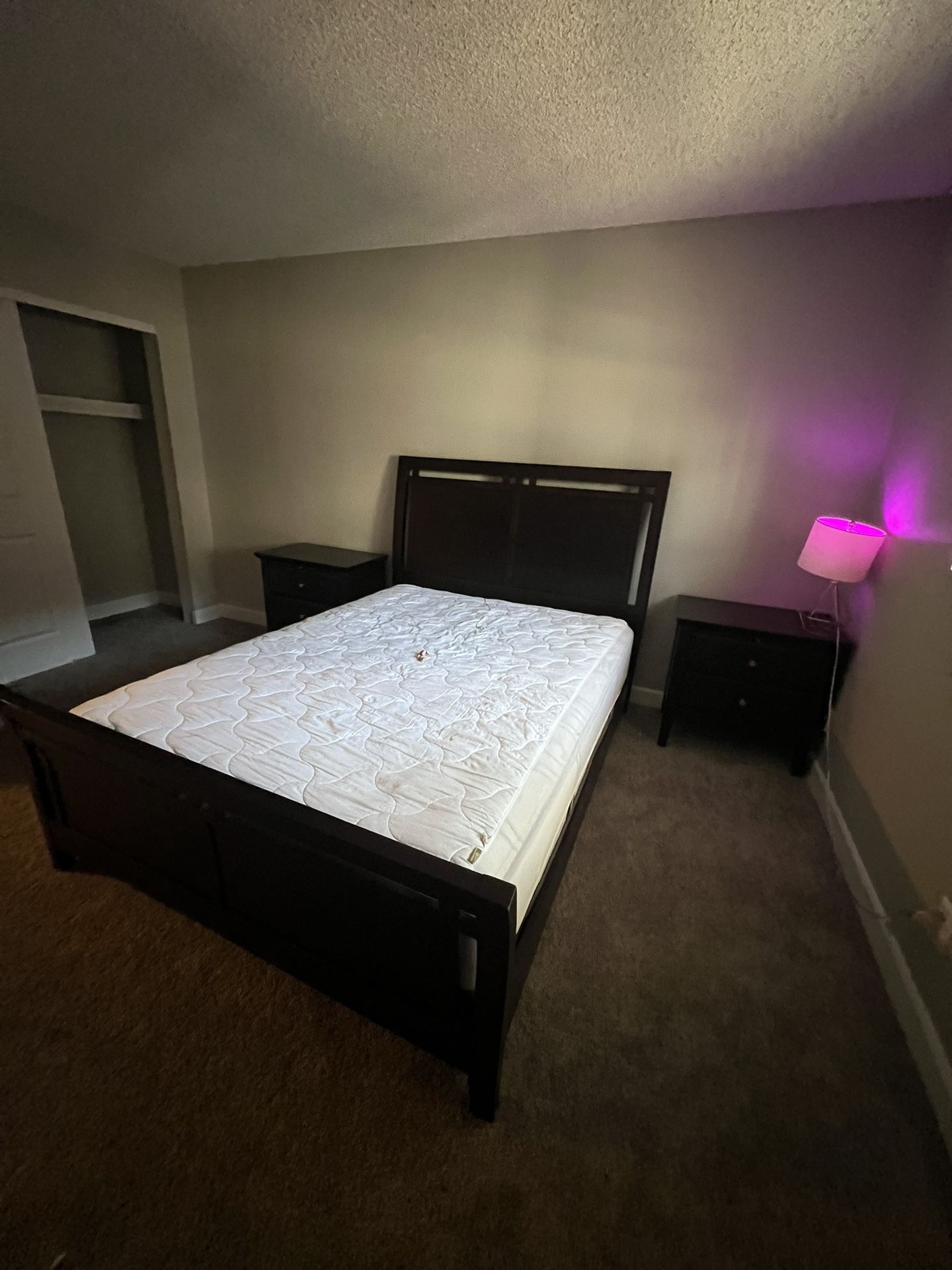 Brown Bed Frame & 2 Ottomans