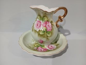 Lefton Green Heritage Pitcher & Basin Bowl with pink Roses.  Hand Painted and Numbered 