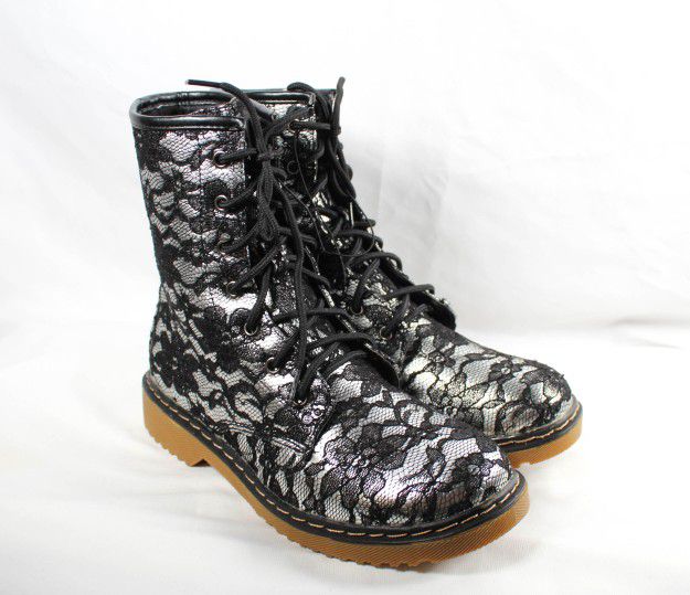 Rare Y2K Silver Metallic Foil Black Lace Combat Boots Size 10