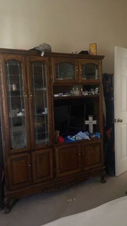 Large Wood Entertainment Center with Display Cabinet