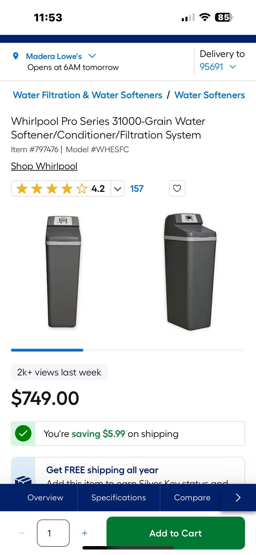 Whirlpool Pro Series 31000-Grain Water Softener/Conditioner/Filtration System Item #797476 Model #WHESFC