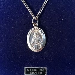 Sterling Silver St Stephen Medal on a 20" Stainless Steel Chain. Religious Jewelry