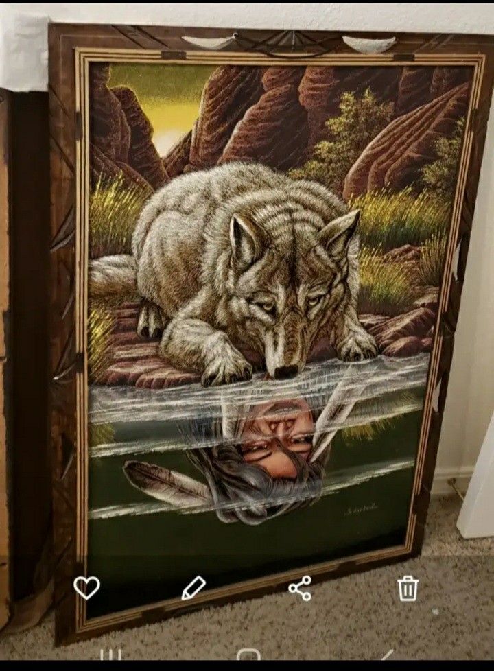 Ernesto Sanchez Velvet Painting Of Wolf/Coyote, Native American Reflection 39 X 27