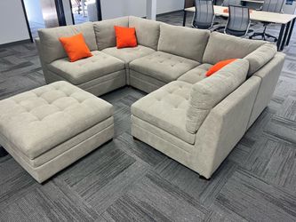 Like New Thomasville Tisdale 6-Piece Modular Sectional w/ Storage Ottoman – Light Gray