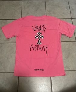 Pink Chrome Hearts Matty boy “Vanity Affairs”  t-shirt. black-and-white checkered cross