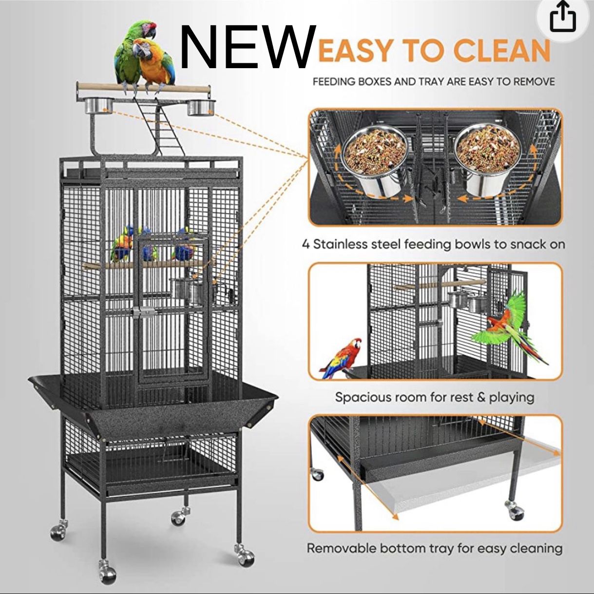 61-inch Playtop Parrot Bird Cages, Wrought Iron Large Birdcage with Rolling Stand for Parakeet Cockatiels Quaker Conure Lovebird Finch Canary Small Me