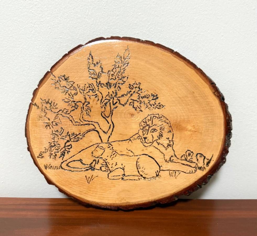 Wood Burned Handmade Art Piece Wall Plaque Picturing A Lion Lying Together With A Lamb Representing Peace And Faith