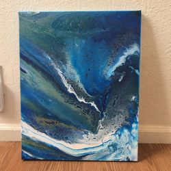 Original Dreamy Blue, Green and Gold Painting 16” X 20”  By Kathryn June, Year 2022