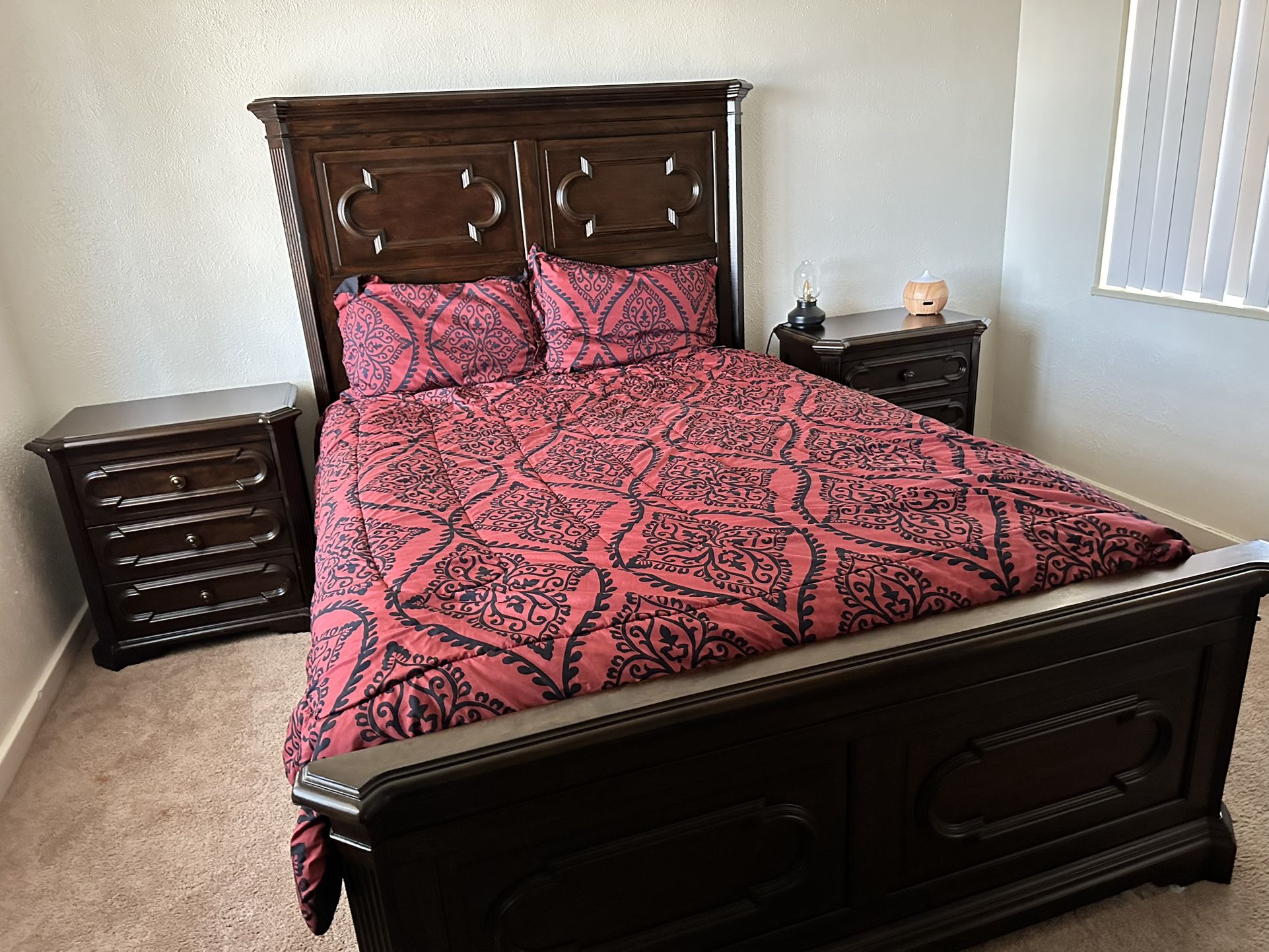 Dresser With Mirror, Queen Size Frame, And Two Bedside Tables