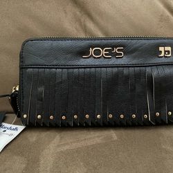 Joe's Jeans Black Bronco Vegan Leather Fringe Wallet Ziparound Western Clutch
