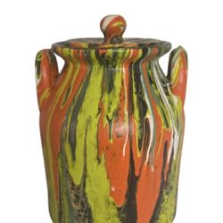 ceramic handpainted cannister in halloween fall colors with lid 7" 