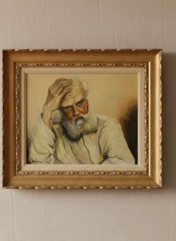 Painting on canvas "THE THINKER" signed "A. Bebing" and dated 1951. One-of-a-kind 27.5"×22.5"