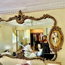 Huge Antique (1797) French Rococo, Baroque Mirroir with capodimonte porcelain figurines, Style LOUIS XIV, Big Size XL,