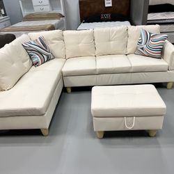 Beige Leather Sectional w/Storage Ottoman