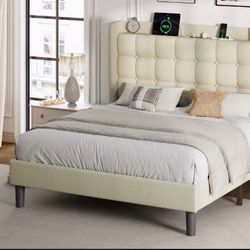King Size Upholstered Bed Frame with Storage Headboard – Excellent Condition