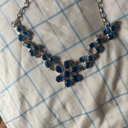 Sterling Silver Necklace With Blue Precious Gemstones  