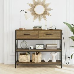 Console Table with Charging Station, 3 Tier Entryway Table with Drawer, Rustic Brown