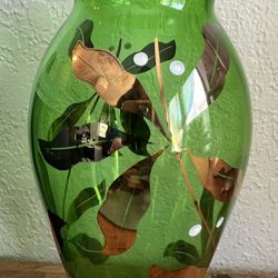 Green Vase With Gold Flower Etching 