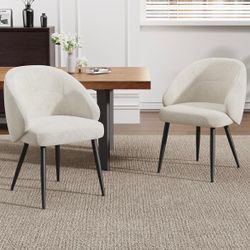 Set of 2, Modern Chenille Fabric Kitchen Side Chairs with Metal Legs, Comfy Accent Armchairs for Dining Room, Living Room & Bedroom, Crame White 