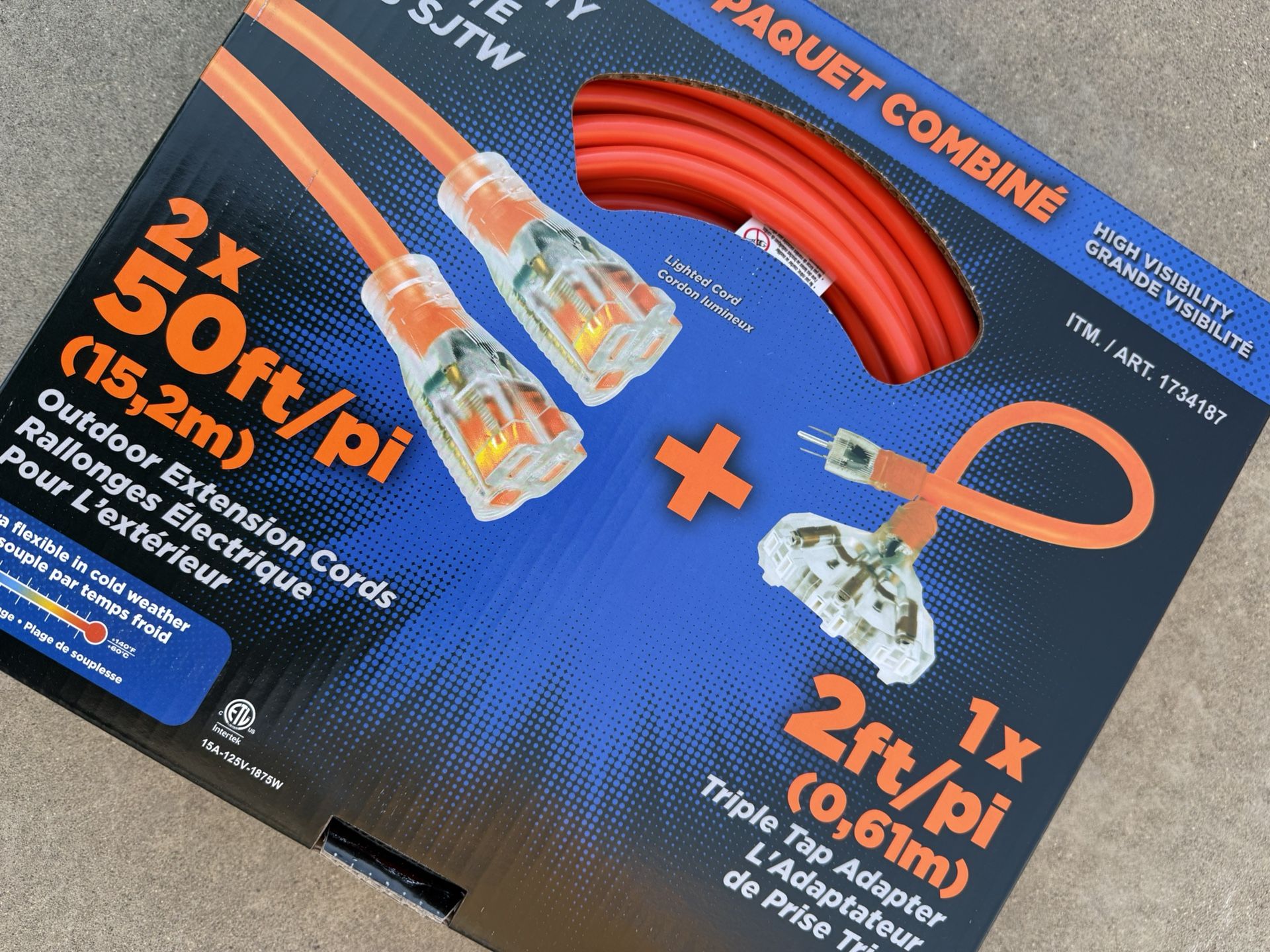 Extension Cord Set 2x50 Ft + Triple Adapter 12 Gauge Heavy Duty