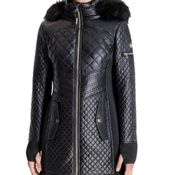 Michael Kors Womens Hooded Quilted Mixed  Faux Fur Trim Jacket Coat M Black