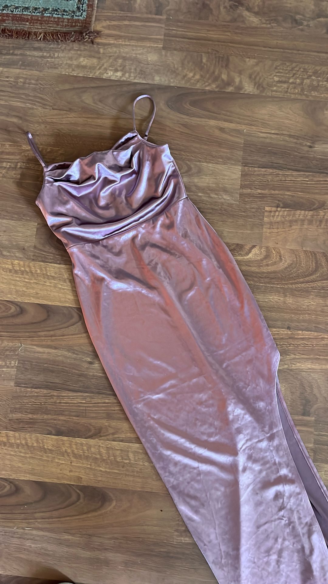 Long Rose Gold celebrity dress with slit size small brand new