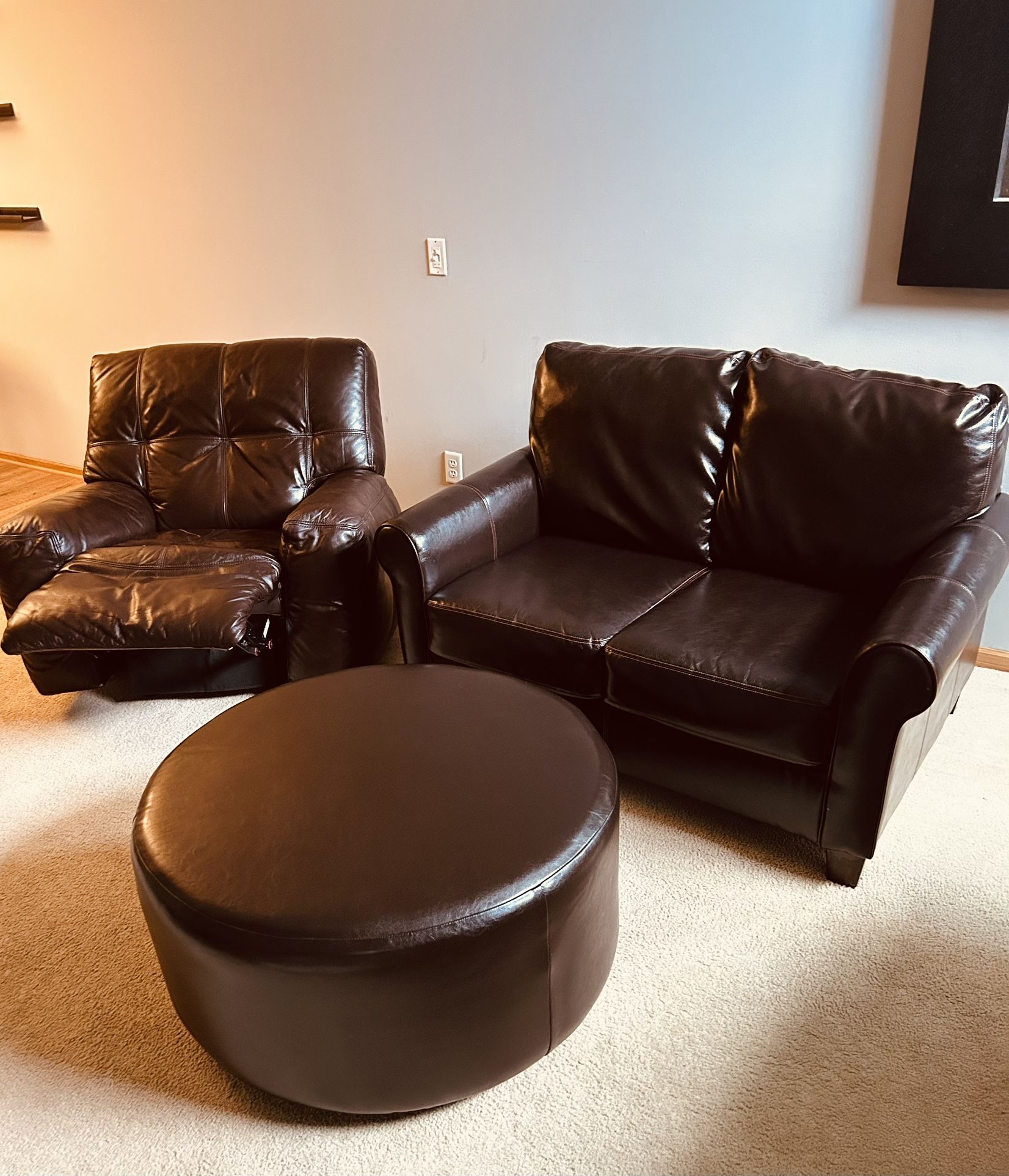 Leather Couch, Recliner, Ottoman