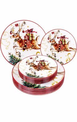 50PCS Christmas Plastic Plates Reindeer for Xmas Party Decorations Vintage Reindeer Theme, Disposable But Heavy‑duty, 10.25” Dinner 7.5” Dessert Plate
