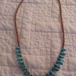Vtg.Rare Native Sterling Silver & Copper & Turquoise Necklace- 16 In.