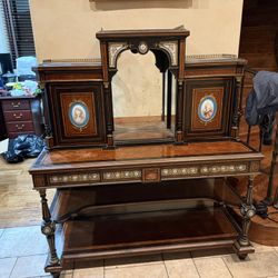 French Napoleon III Ebonized Cabinet with Sevres-Style Porcelain Medallions & Marquetry, 19th Century