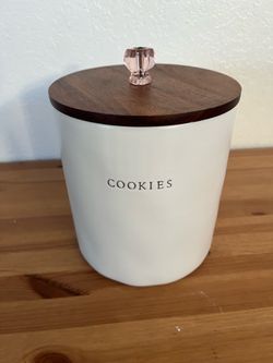 Hearth & Hand Magnolia White Cookie Jar Wood Lid Pink Knob