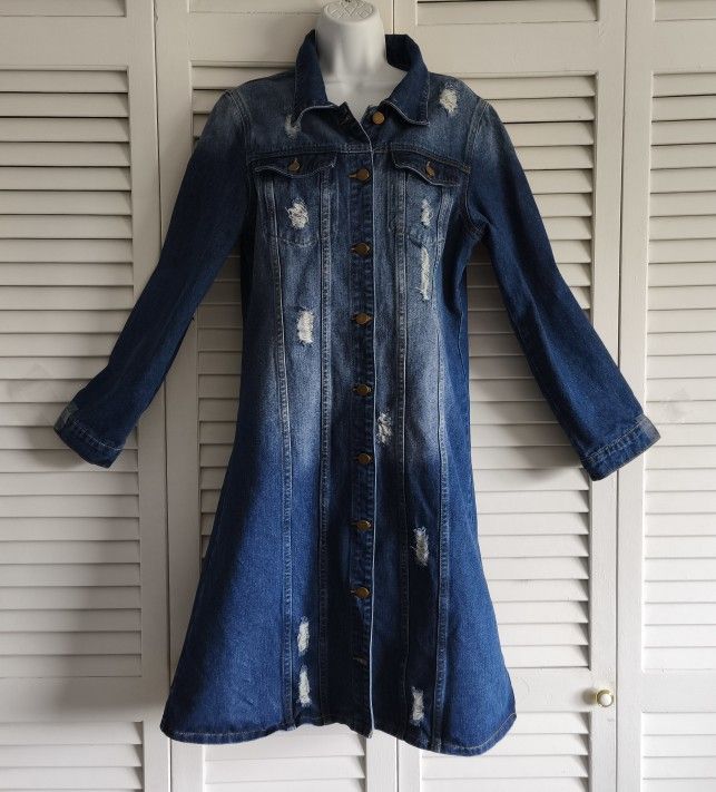 Women's Long Sleeve Distressed Denim Coat Bohemian Style, Size M, New!