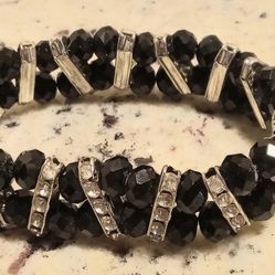 Black Bead And Rhinestone Stretch Bracelet 