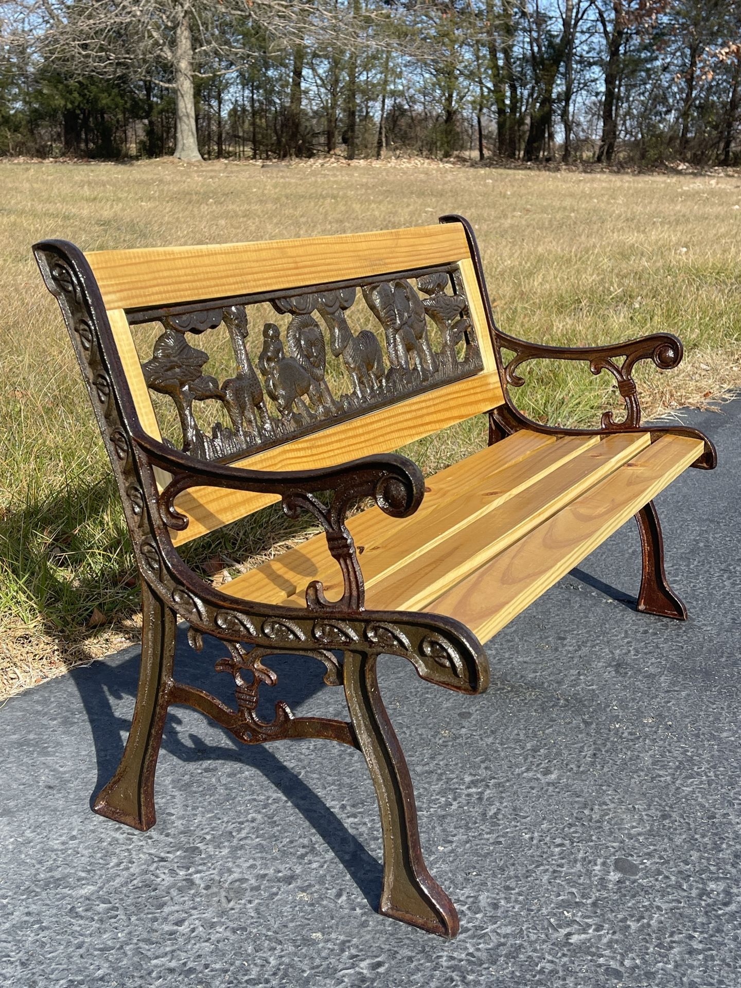Restored Vintage/Antique Child Bench - Zoo Animals Jungle Animals Cast Iron Wooden Outdoor Bench for Children and Toddlers