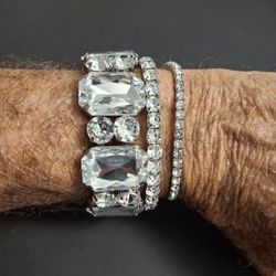 "NEW " Sparkling Set Of 3 Bracelets - Wide Emerald Cut Crystals & 2 Thinner Tennis Bracelets With Round Cut Crystals - Silvertone 