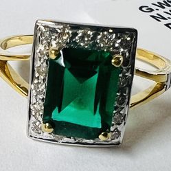 Natural DIAMONDS Simulated Emerald 0.25 14kt Solid Yellow Gold Ring Size 7# NEW