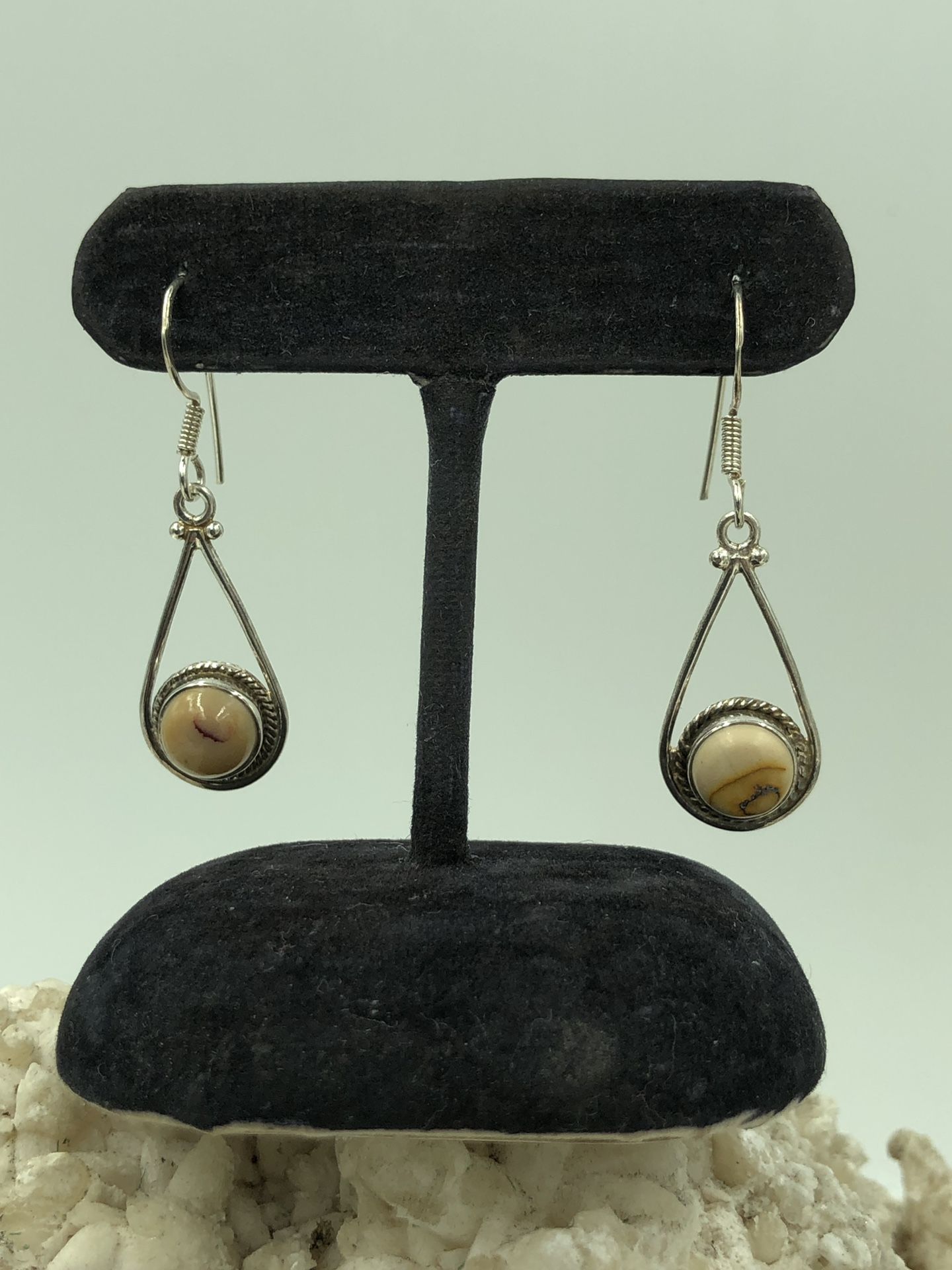 925 Sterling Silver Round Cabochon Jasper Dangle Hook Earrings