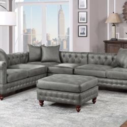 Gray Leatherette Sectional Sofa With Ottoman (Free Delivery)