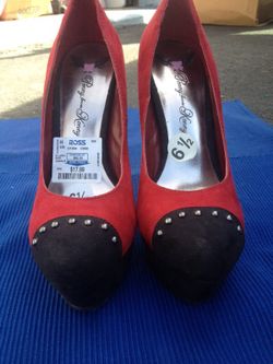 6 1/2 Studded red and black faux suede heels. Never worn.